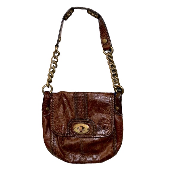 Fossil Maddox Brown Distressed Leather Long Live Vintage Chain Strap Baguette - Picture 3 of 16